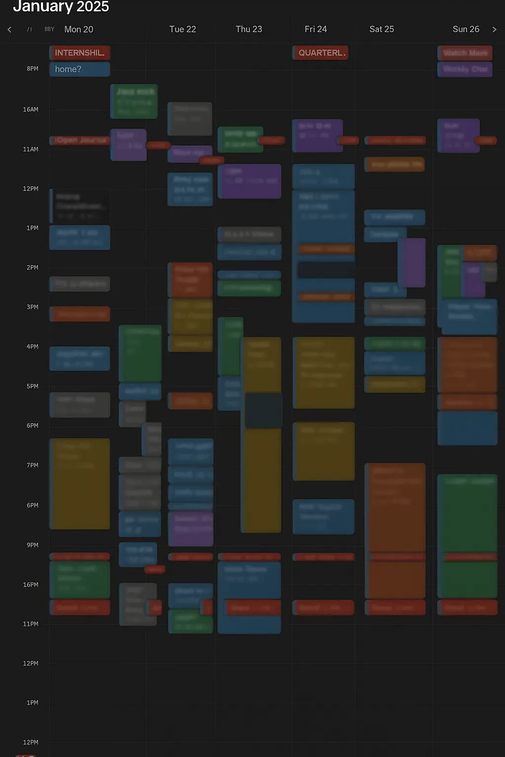 A more or less accurate representation of how I blocked my calendar to balance all my life items with color coded items